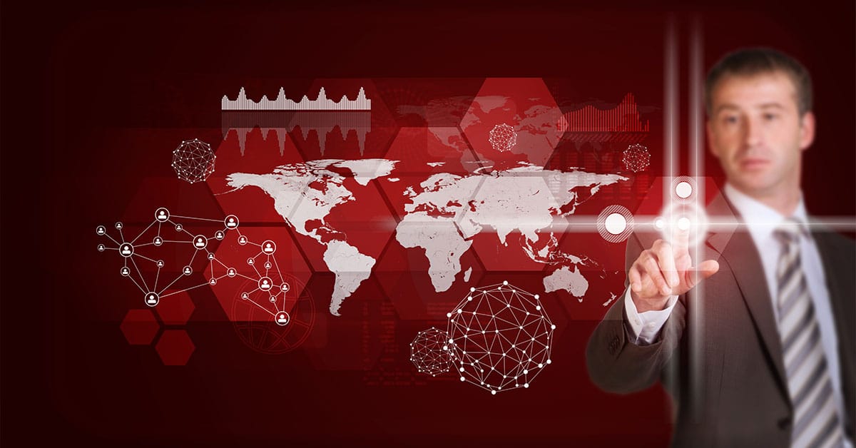 Image of a man pointing to a graphic showing global connection